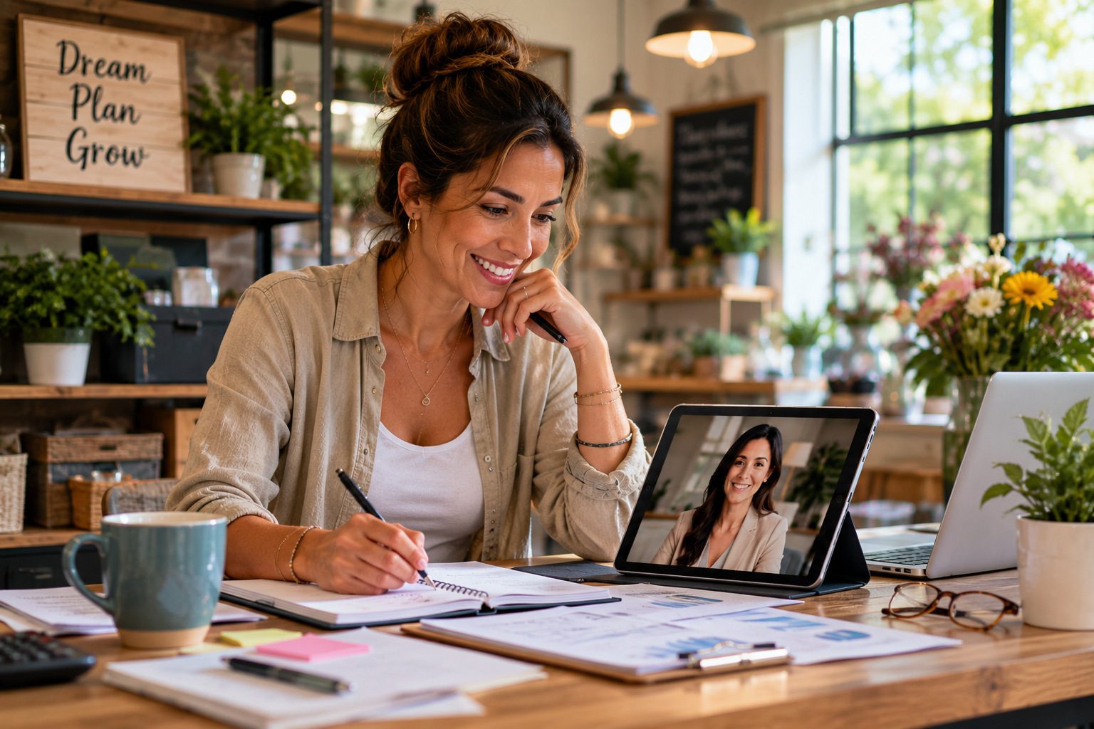 A florist and entrepreneur taking notes at her workbench during a video consultation with Gia