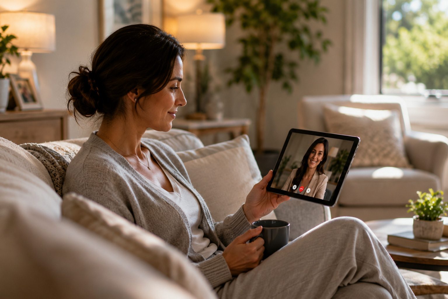 A woman relaxing on her couch with coffee, talking with Gia on a tablet