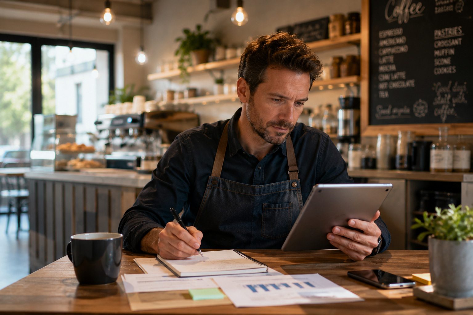 A café owner in an apron reviewing progress charts on a tablet at his counter
