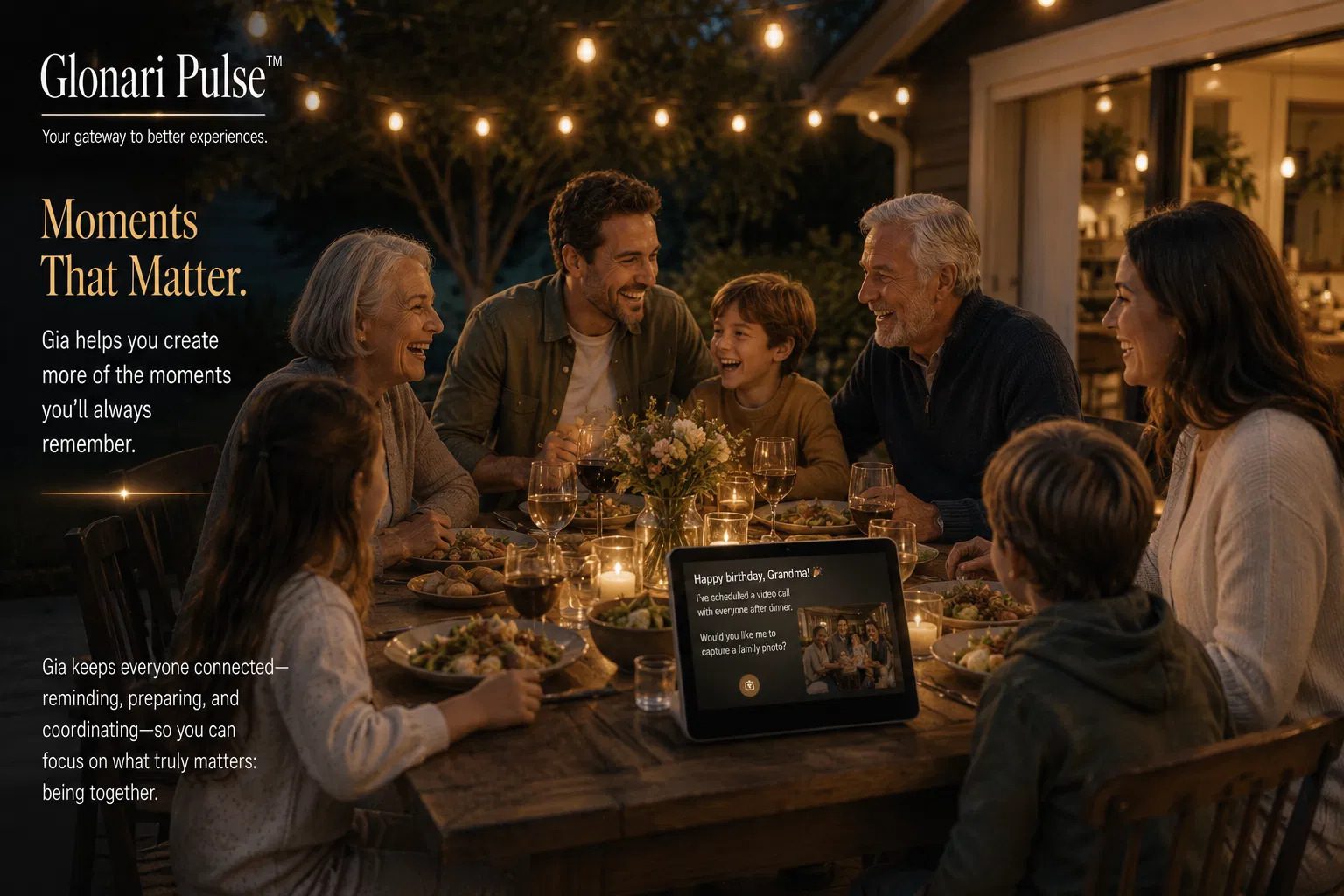 A multigenerational family dinner under string lights at dusk, with Gia on a tablet at the table