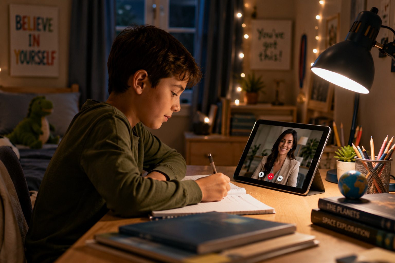 A boy doing homework at his desk while Gia helps from a tablet