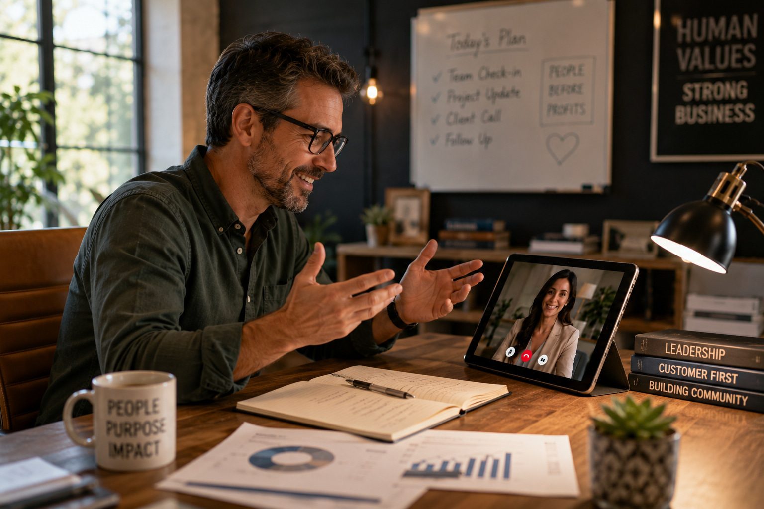 A business owner in conversation with Gia on a tablet, surrounded by people-first values on his office walls