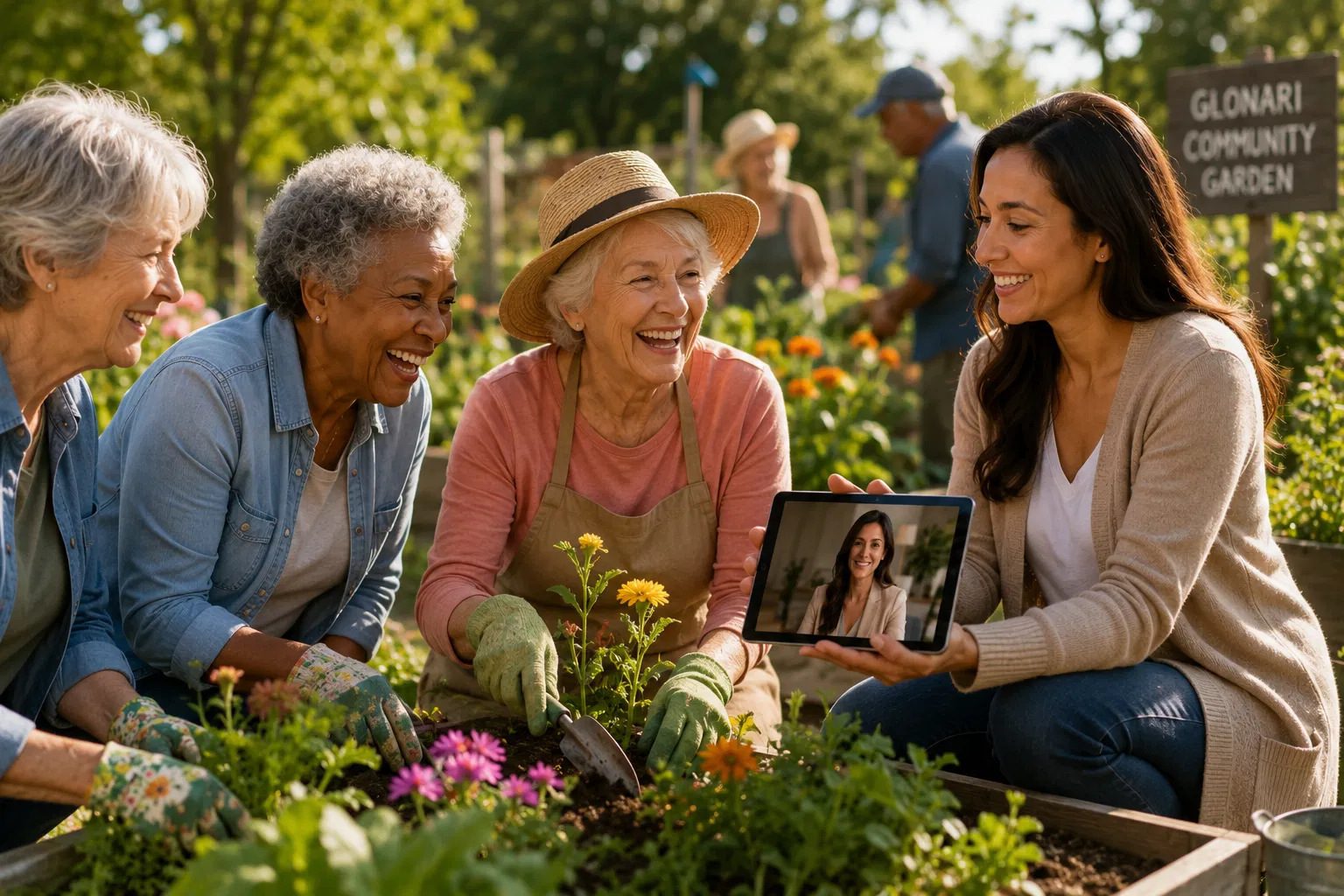 Neighbors laughing together in the sunlit Glonari Community Garden while a woman shows Gia on a tablet