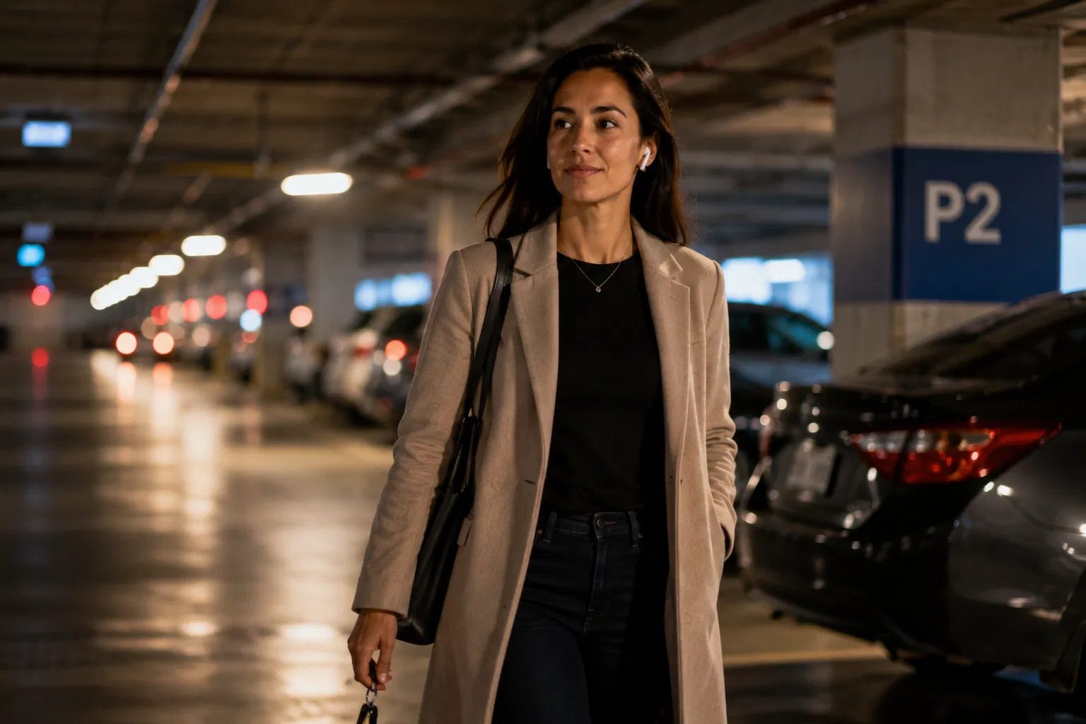 A young professional walking through a dimly lit parking structure at night