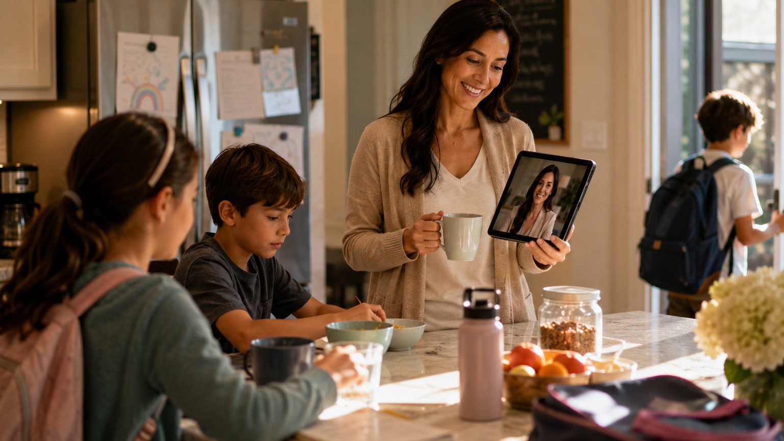 A mother holding a tablet showing Gia while her children eat breakfast in a busy family kitchen