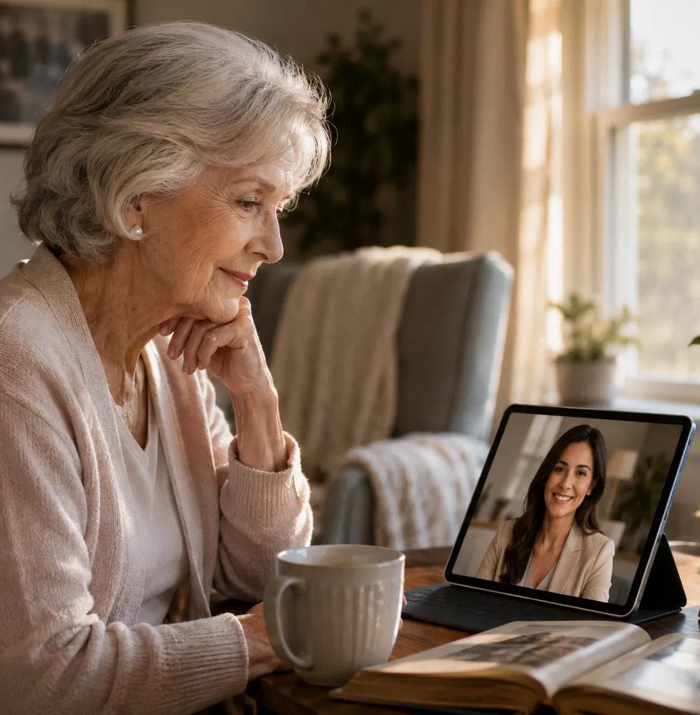 An elderly woman with her morning coffee looking at photos with Gia on a tablet