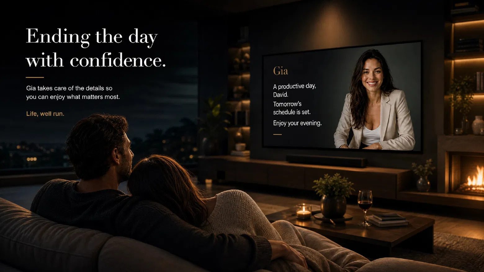A couple relaxing on the sofa at night while Gia wraps up the day from the living-room TV.