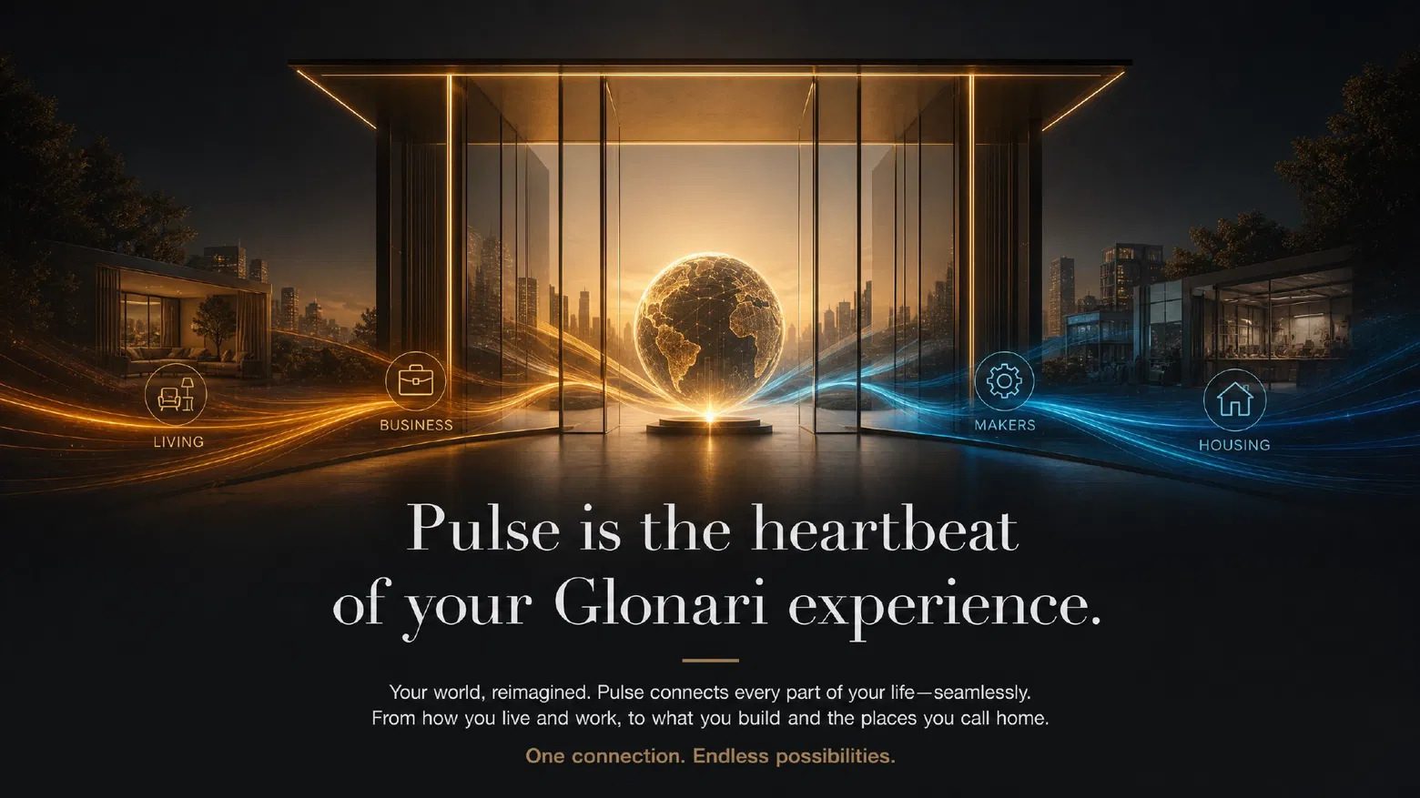 A glowing golden globe inside a glass pavilion with light streams flowing toward Living, Business, Makers, and Housing.