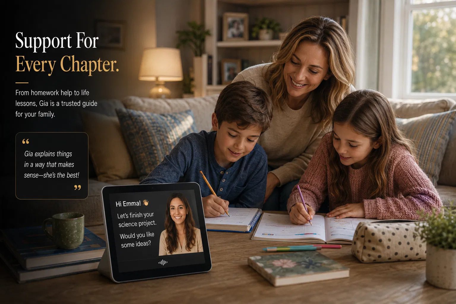 A mother and two children doing homework in the living room while Gia offers help from a tablet.