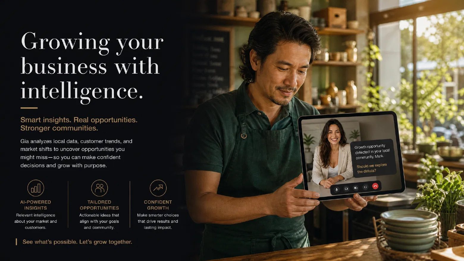 A small-business owner in his shop taking a Gia video call about a local growth opportunity.