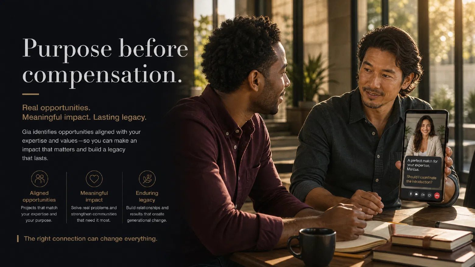 Two men in conversation over coffee while a phone shows Gia proposing a coordinated introduction.