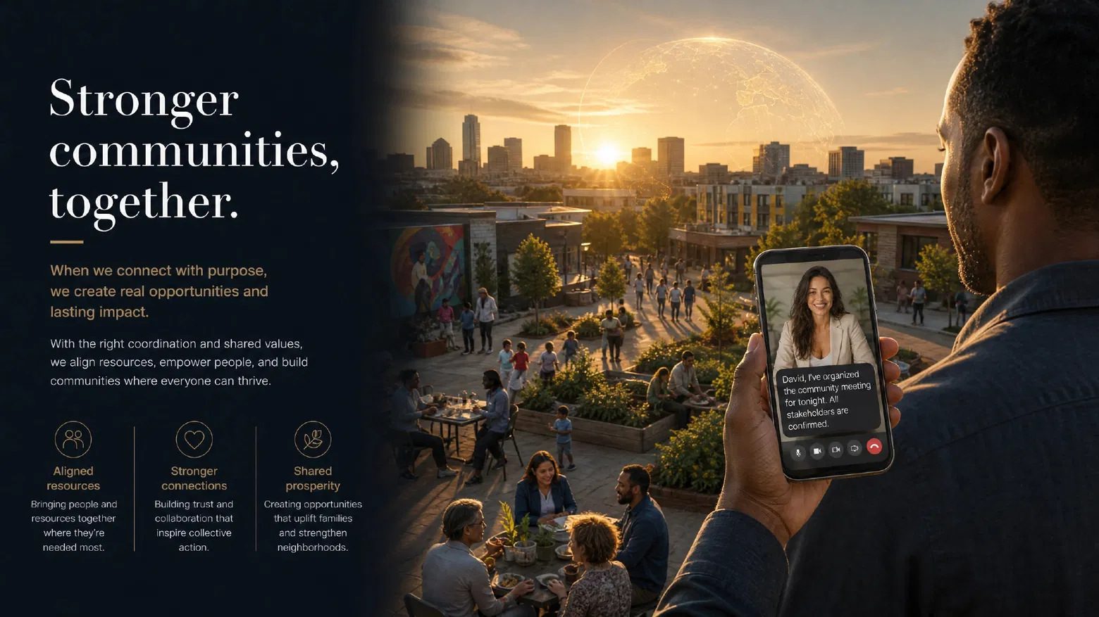 A community garden gathering at sunset beneath a glowing globe, with Gia confirming a meeting by phone.
