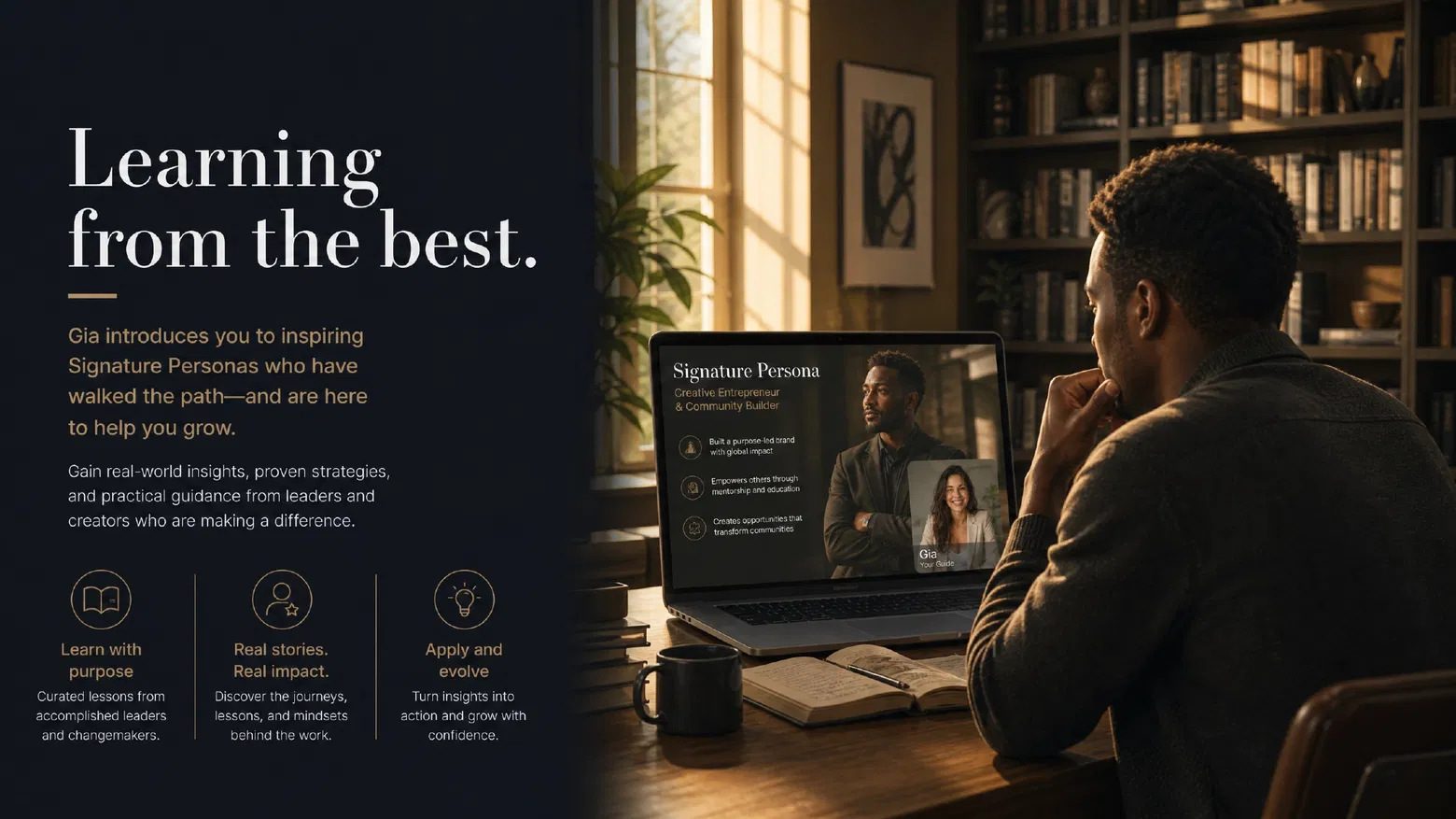 A man in a library study watching a Signature Persona profile presented by Gia on a laptop.