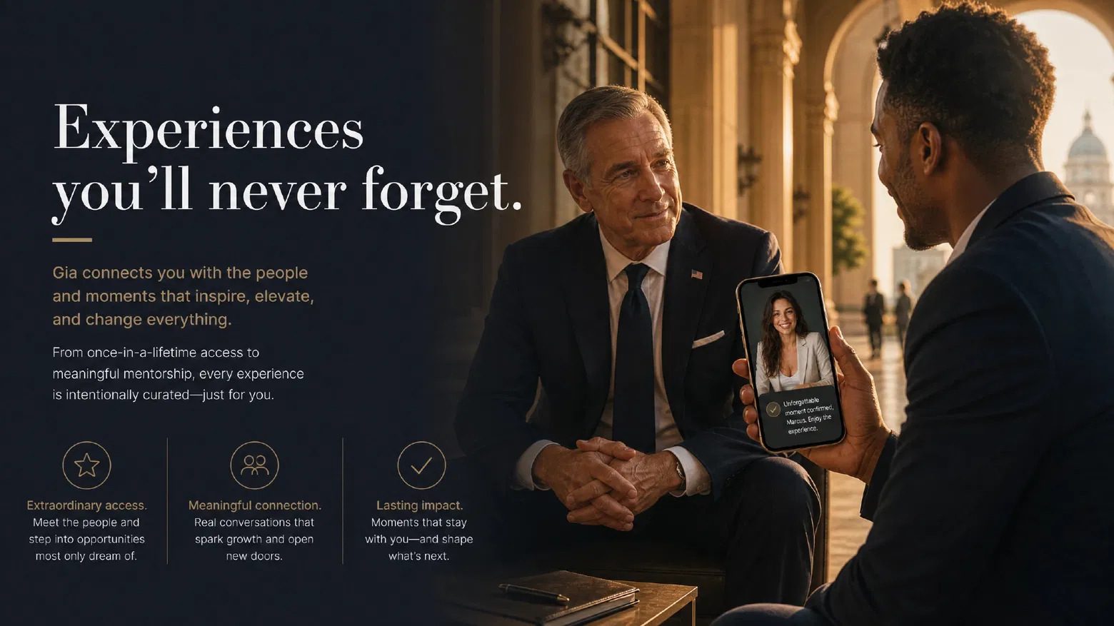 A distinguished mentor meeting a younger man, whose phone shows Gia confirming an unforgettable moment.