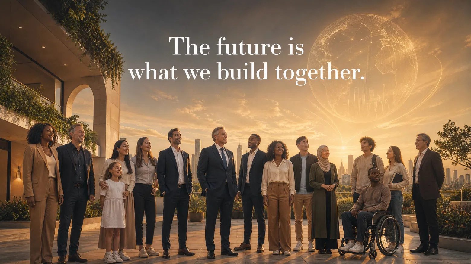 A diverse group of people gathered on a terrace at sunset beneath a glowing wireframe globe.