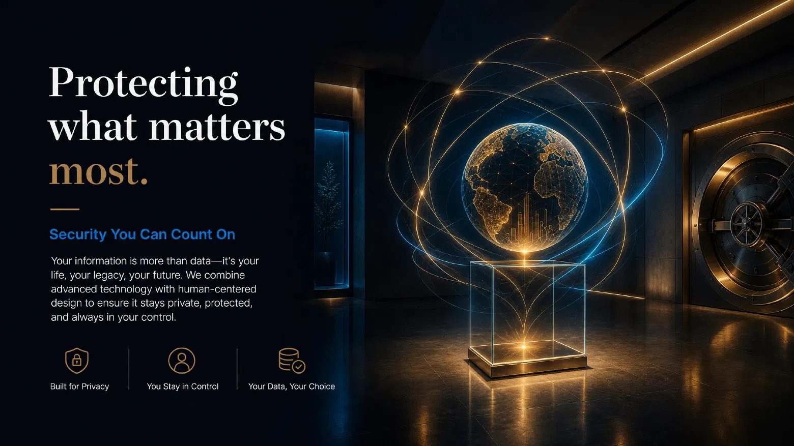 A wireframe globe orbited by gold and blue rings of light beside a bank-vault door.