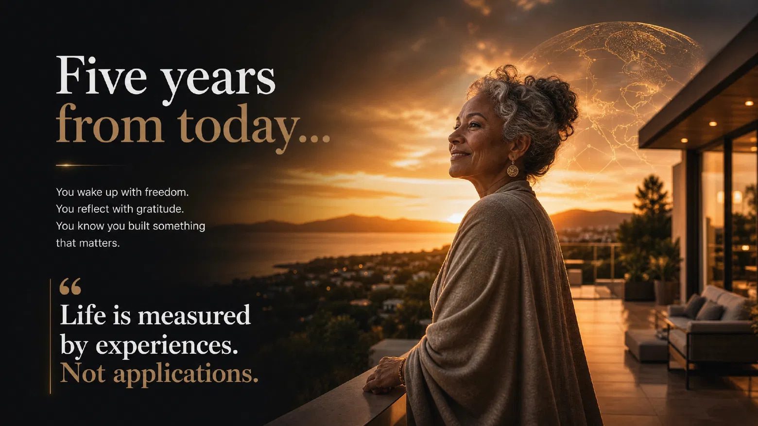 A woman gazing over a sunset coastline from a balcony, a faint globe glowing in the sky.
