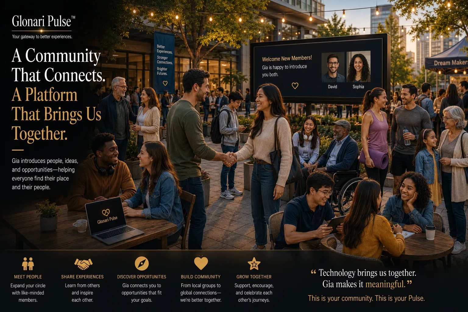 A lively evening community plaza with string lights, where a Gia welcome board introduces new members.