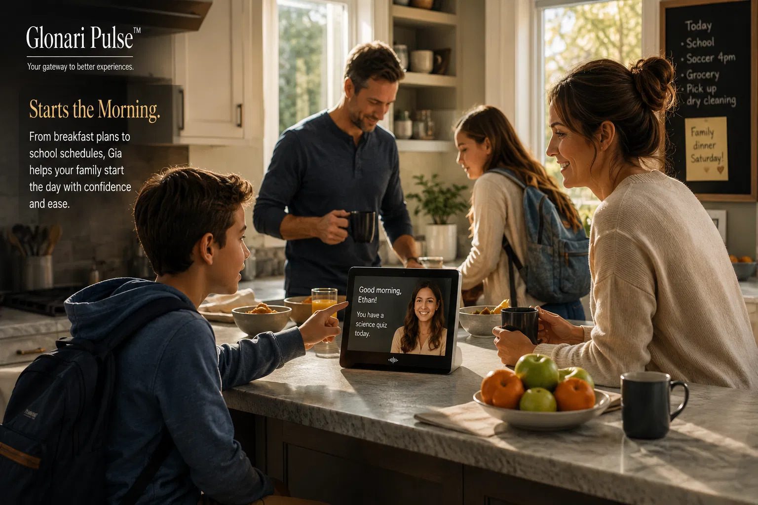 A family in a sunlit kitchen at breakfast while Gia greets Ethan from a countertop smart display.