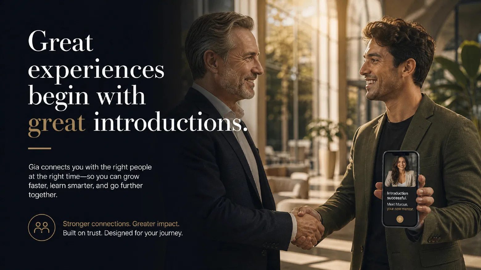 Two men shaking hands in a sunlit lobby while a phone shows Gia confirming a successful introduction.