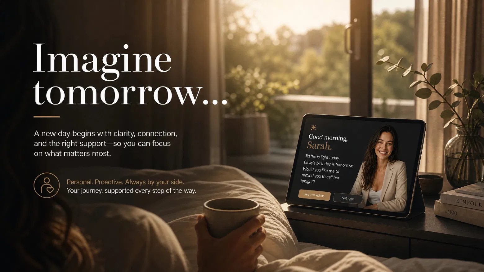 A quiet morning bedroom where a tablet on the nightstand shows Gia's proactive daily briefing.