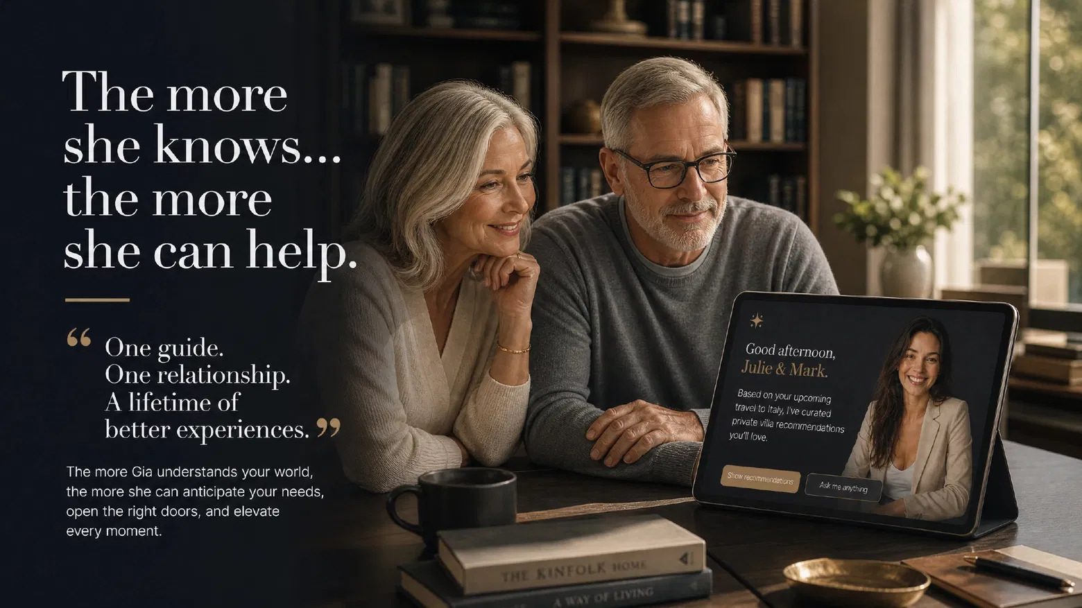 An older couple reviewing Gia's curated Italy villa recommendations together on a tablet.