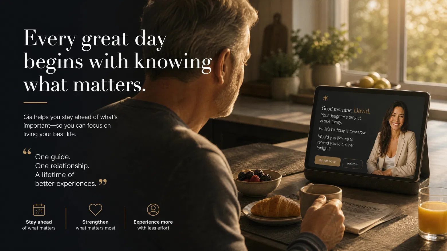 A man at breakfast receiving Gia's morning rundown on a kitchen display.
