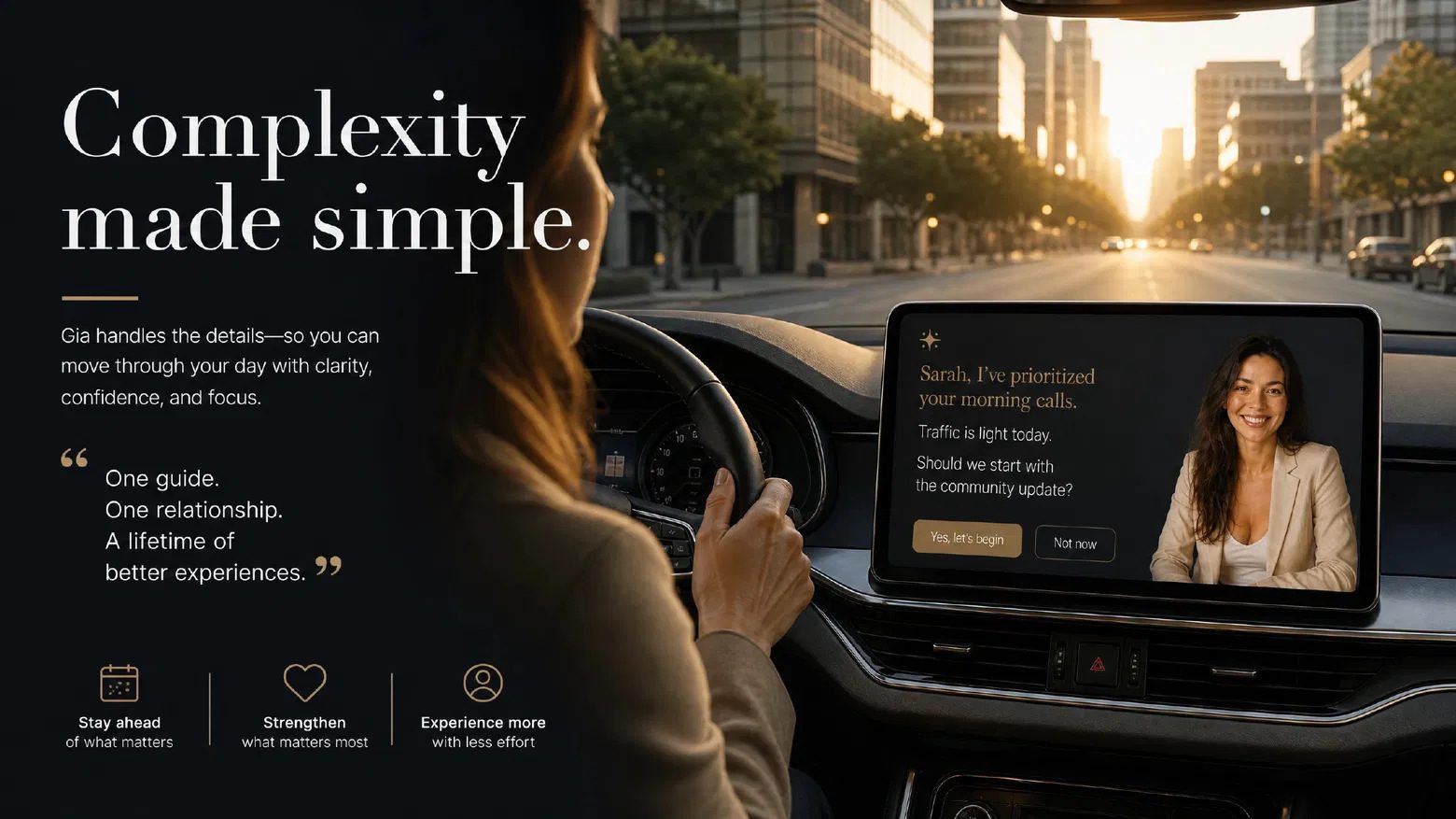 A commuter at the wheel while Gia organizes the morning from the car's dashboard display.