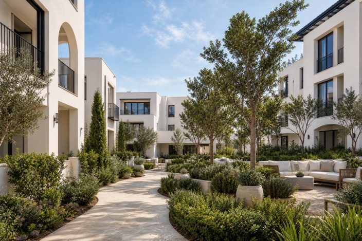 New-build multifamily courtyard with olive trees and lounge seating.
