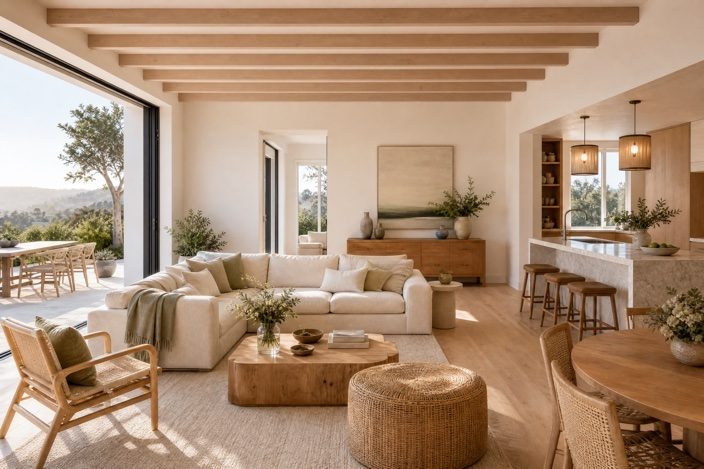Warm cream living-room interior opening to a hillside view.