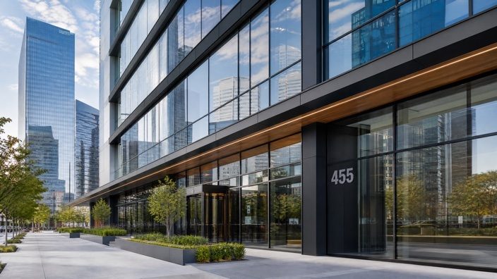 Glass commercial tower streetscape with address signage.