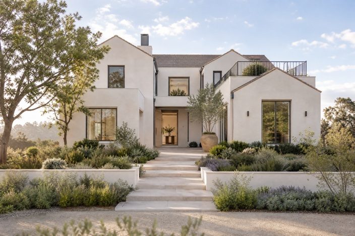 Modern white single-family home exterior with landscaped steps.