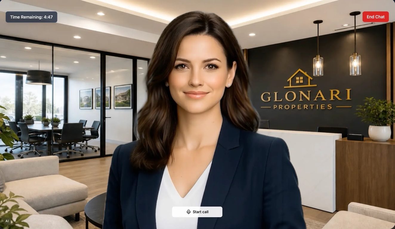 Product screenshot of a live Gia video session in front of a gold Glonari Properties reception wall, with call controls visible.