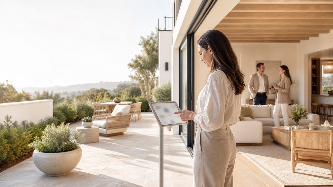 A visitor using a tablet kiosk on a sunlit terrace while an agent speaks with a couple inside.