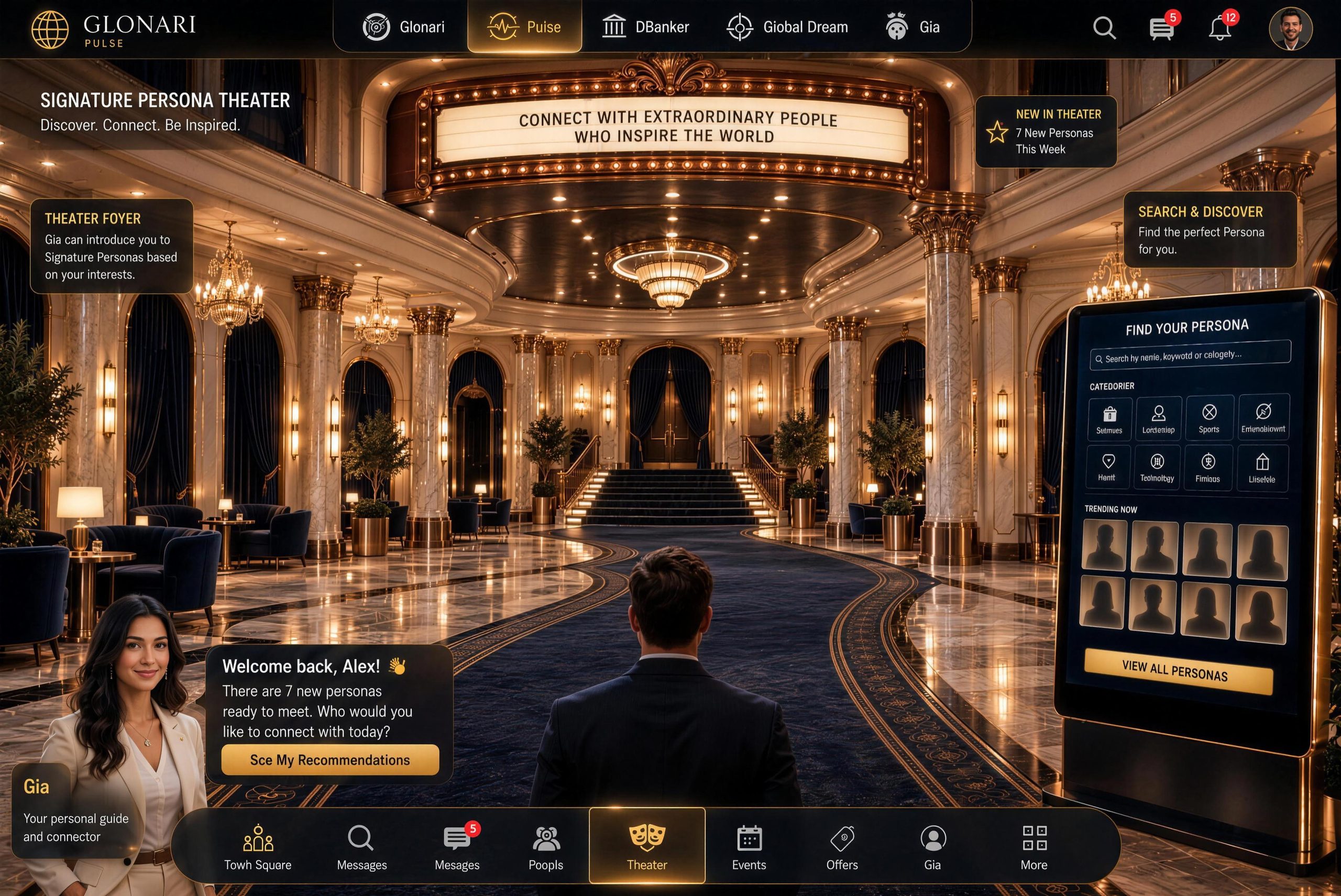 The Signature Persona Theater foyer: a gold marquee reading Connect With Extraordinary People Who Inspire The World above a grand staircase, marble columns and a navy carpet