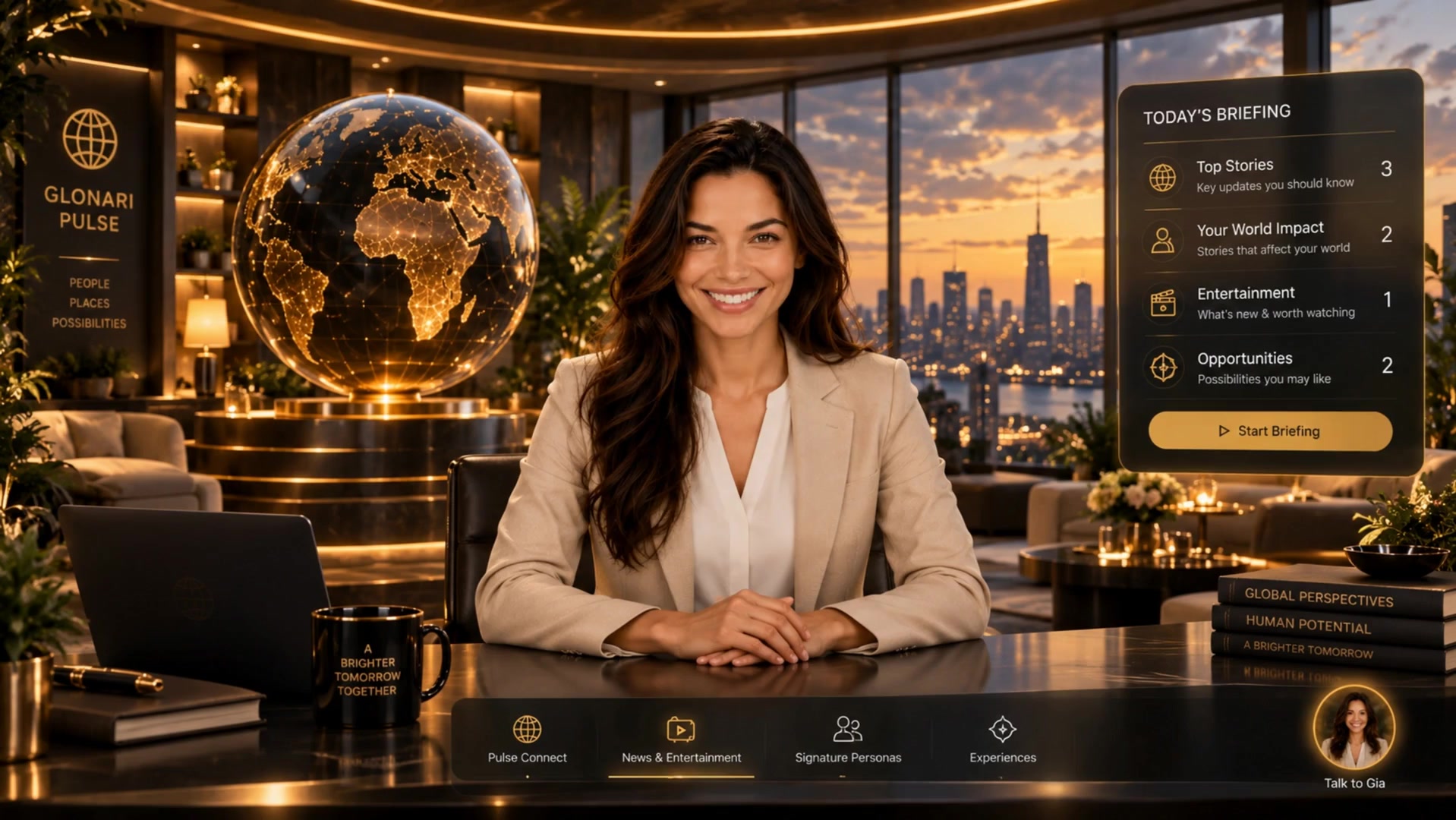 Inside the Glonari News studio — Gia at the anchor desk with Today's Briefing
